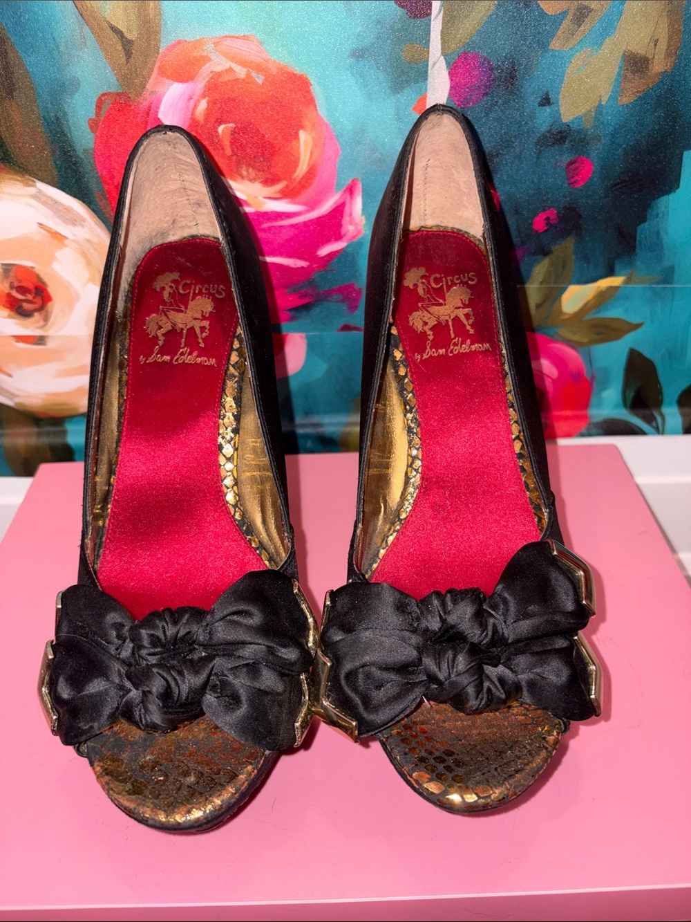 Circus by Sam Edelman Black Satin Bow Peep-Toe Heels with Gold Accents